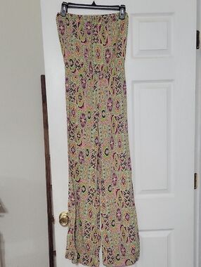 Paisley Print Strapless Maxi Junpsuit in Green and Pink